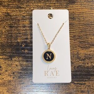 NEW‎ Trendy Initial Letter Graphic Pendant Round Black Charm Gold Necklace "N"